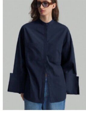 NEW Navy Blue Stylish Cotton Mix Blouse Button-Down Shirt Large-Xlarge